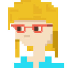 pixellated headshot of a white girl with red framed glasses and strawberry blonde bob haircut